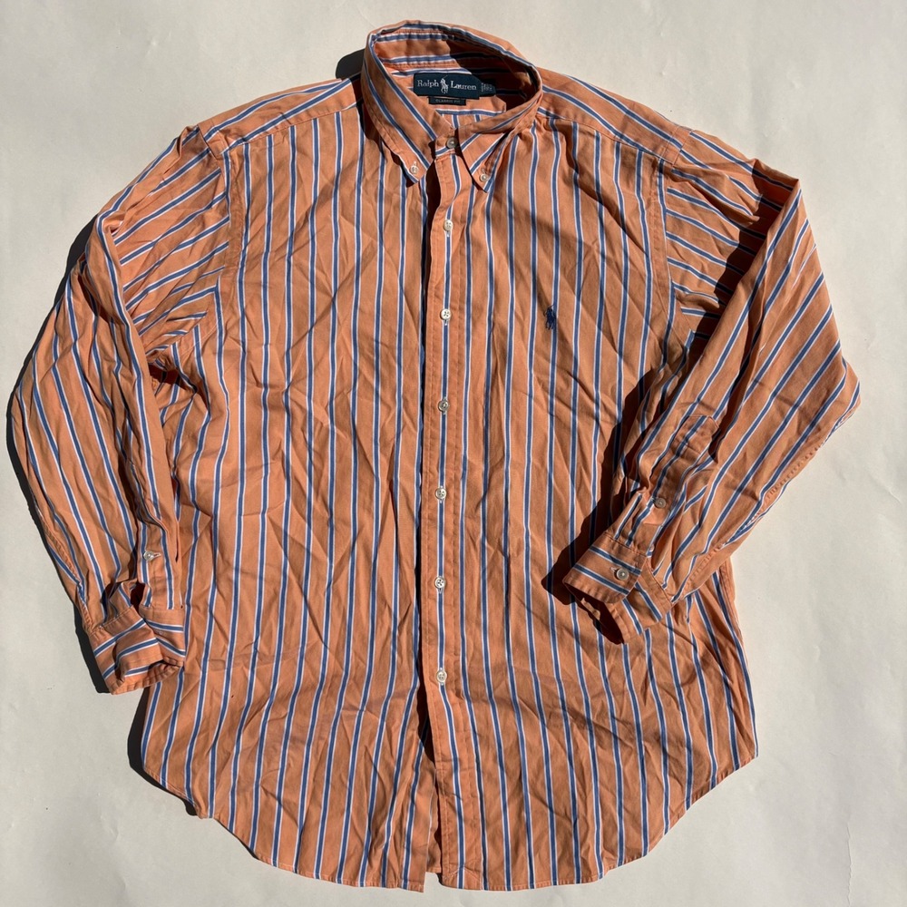 Ralph Lauren Classic Fit Striped Button Down Shirt Orange Blue Mens 16.5 32/33